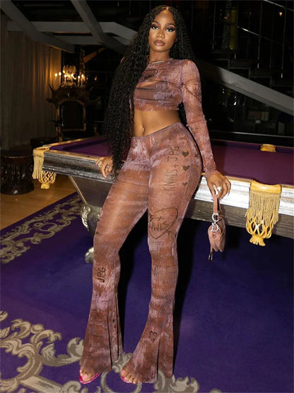 Weird Puss Fashion Print Sexy See Through 2 Piece Set Women o-Neck Full Sleeve Crop Tops+Straight Flared Pants Hottie Streetwear SS69