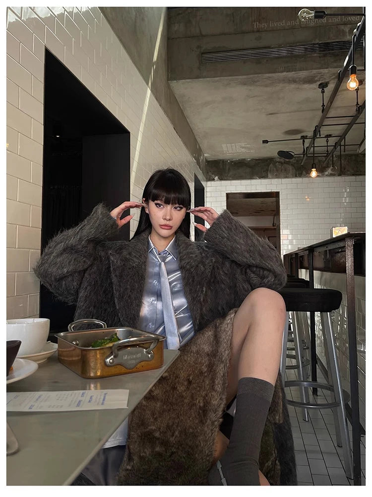Mauroicardi Autumn Winter Oversized Extra Long Warm Thick Gray Wool & Blends Coat Women Loose Casual Fluffy Korean Fashion 2024