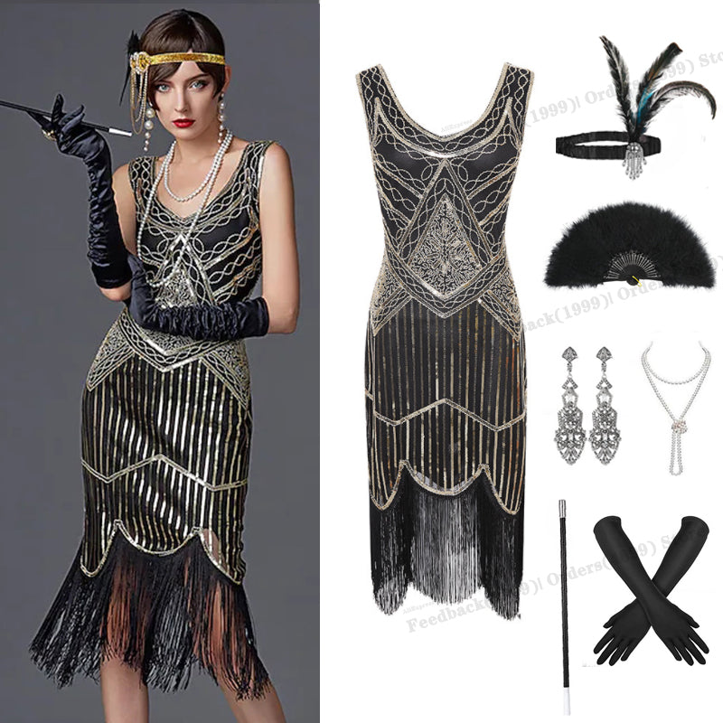 1920s Gatsby Dress 20s Flapper Girl Fancy Retro Sleeveless Sequins Embroidered Tassels Party Dress With Fan Necklace Accessories SS69