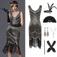 1920s Gatsby Dress 20s Flapper Girl Fancy Retro Sleeveless Sequins Embroidered Tassels Party Dress With Fan Necklace Accessories SS69