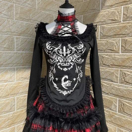 Japanese Gothic Woman Tshirts Y2k Tops Slim Waist Bandage Tees Patchwork Lace Print Long Sleeve Black T Shirt 2025 Ropa Mujer SS69 33.69 black / S