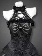 Gothic Y2k Hot Girl New 2-piece Set Women's Design Bow Lace Slash Neck Darkly Dress Suit Female + Vintage Puff Sleeve Cardigan