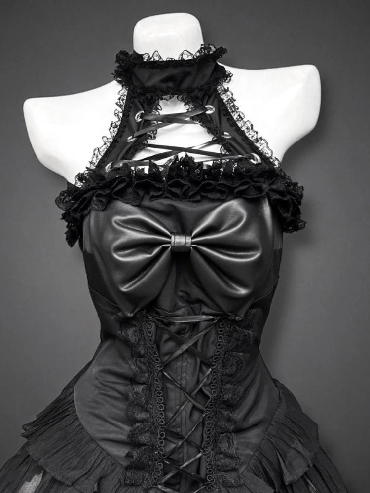 Gothic Y2k Hot Girl New 2-piece Set Women's Design Bow Lace Slash Neck Darkly Dress Suit Female + Vintage Puff Sleeve Cardigan