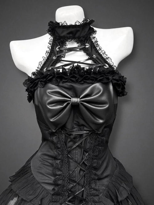 Gothic Y2k Hot Girl New 2-piece Set Women's Design Bow Lace Slash Neck Darkly Dress Suit Female + Vintage Puff Sleeve Cardigan