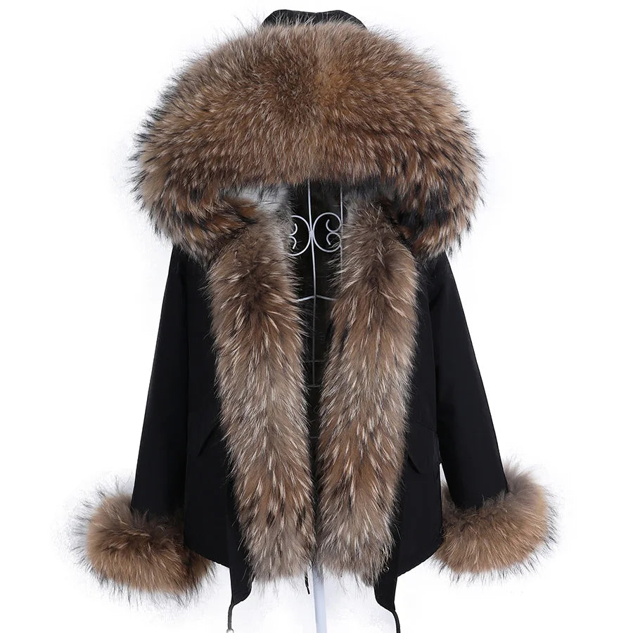 Maomaokong Winter Women Parka Cotton Jacket Real Fur Coat Natural Fox Fur Hooded Rabbit Fur Liner Thick Warm Outerwear Female
