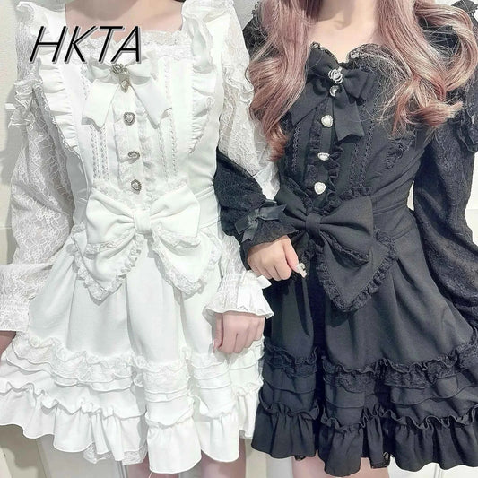 Japanese Liz Dresses Women Autumn New Girl's Sweet Cute Bud Mini Series Mass Production Angel Small Cake Dress Bow Lolita Dress