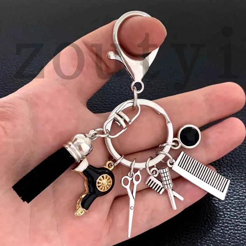 New fashion hairstyle gift charm tassel keychain retro jewelry mini hairdressing scissors hair dryer comb keychain DIY manual