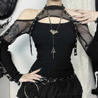 Goth Dark Punk Grunge Fishnet Patchwork Off Shoulder T-shirts Trim Corn Strap Halter Tops Autumn Mall Gothic Streetwear T-shirt