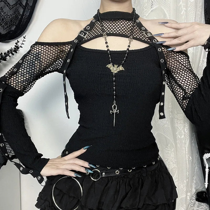 Goth Dark Punk Grunge Fishnet Patchwork Off Shoulder T-shirts Trim Corn Strap Halter Tops Autumn Mall Gothic Streetwear T-shirt