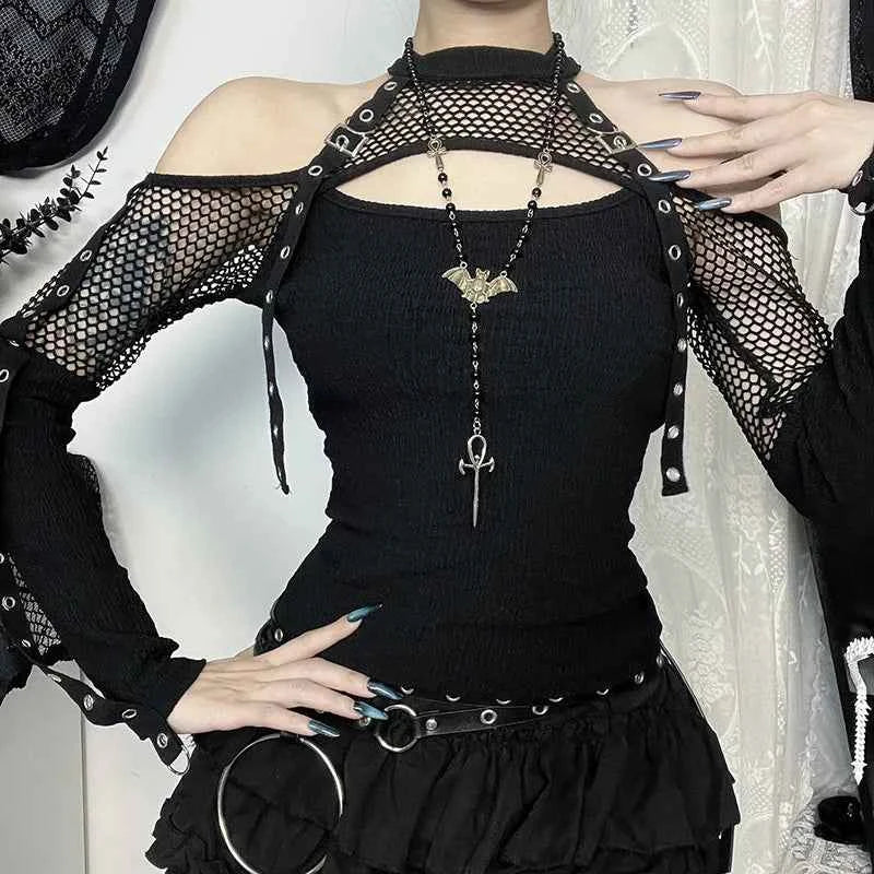 Goth Dark Punk Grunge Fishnet Patchwork Off Shoulder T-shirts Trim Corn Strap Halter Tops Autumn Mall Gothic Streetwear T-shirt
