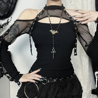 Goth Dark Punk Grunge Fishnet Patchwork Off Shoulder T-shirts Trim Corn Strap Halter Tops Autumn Mall Gothic Streetwear T-shirt