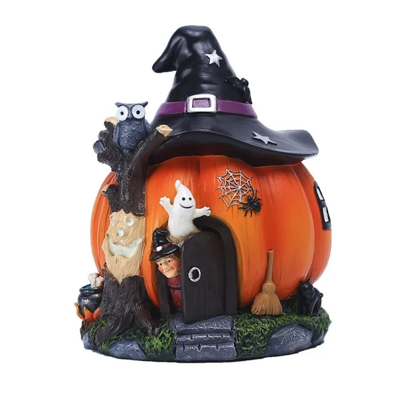 Halloween Pumpkin House Mini Landscape Witch Ghost House Decoration Luminous Resin Crafts Miniature Ornament Featival Biological