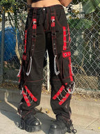 Cyber Punk Unisex Cargo Wide Leg Pants Chain Bandage Ruched Tie Capris Pants Women Gothic Baggy Trousers BF Hippie Grunge Jogger SS69