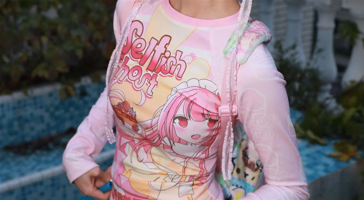 Subcultural Spicy Girl Clothes Cute Bottom Tee Shirt Y2k Harajuku Anime Slim Long Sleeve T-shirts Women Cartoon Pink Crop Tops SS69