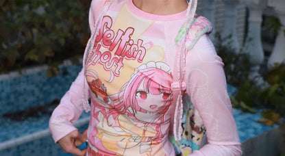 Subcultural Spicy Girl Clothes Cute Bottom Tee Shirt Y2k Harajuku Anime Slim Long Sleeve T-shirts Women Cartoon Pink Crop Tops SS69
