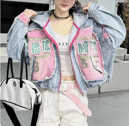 Womens Spring New 2026 Splicing Hooded Retro Denim Jacket Fashion Short Loose Versatile Zipper Long Sleeve Street Jackets