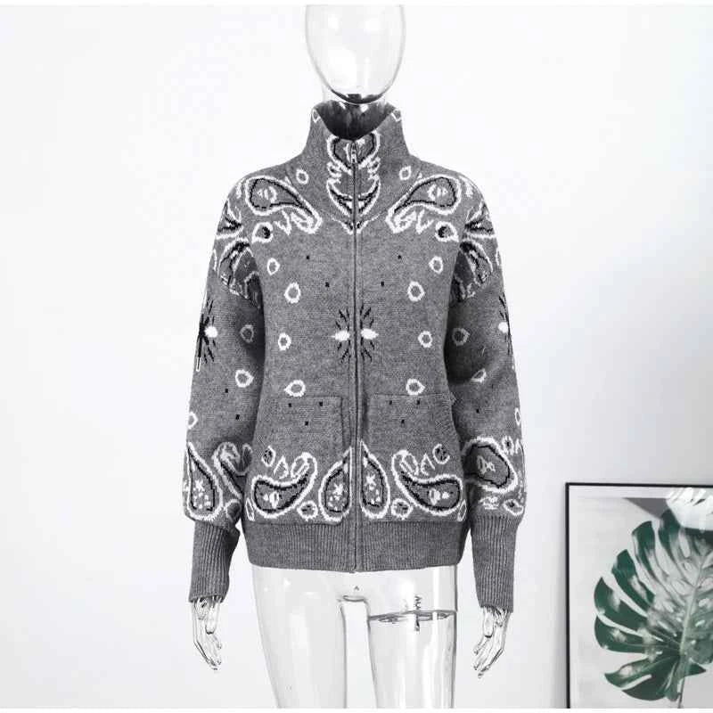 Warm Printed High Collar Knit Cardigans Women Contrast Jacquard Zipper Full Sleeve Pocket Sweater 2026 Spring Lady Chic Knitwear