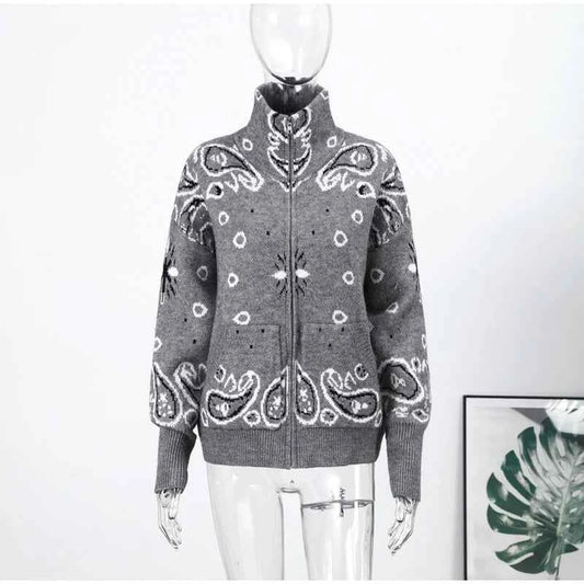 Warm Printed High Collar Knit Cardigans Women Contrast Jacquard Zipper Full Sleeve Pocket Sweater 2026 Spring Lady Chic Knitwear