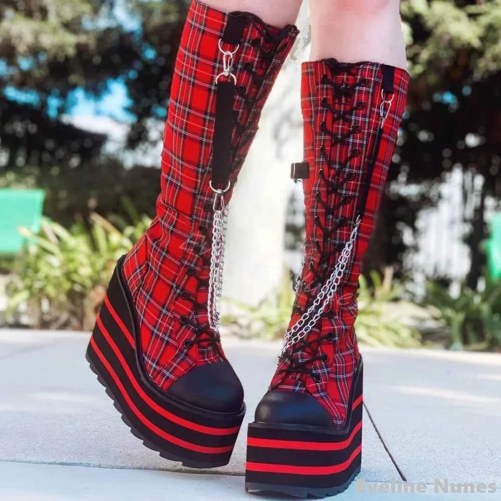 Canvas Check Platform Knee-high Boots Women Metal Chain Round Toe Wedges Cross Tied Lolita Heighten Shoes 2025 Lovely Sexy Boots