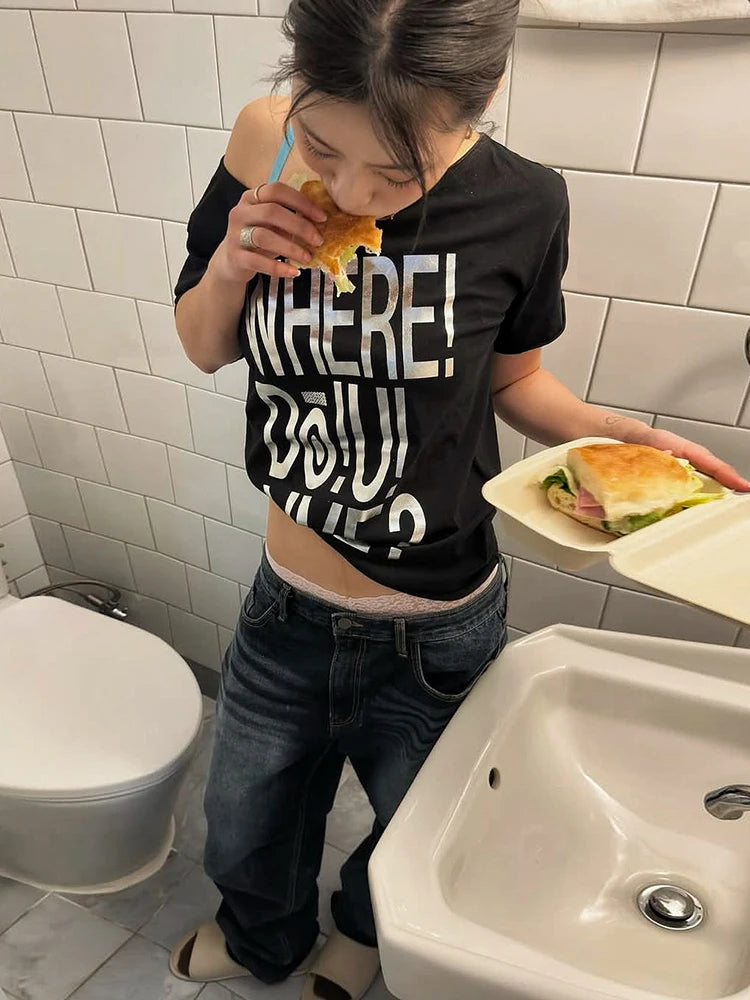 Nibber 2026 Summer New Trend Letter Print t-Shirt Women Skew Collar Leisuremusic Festival Hottie High Street Classic Clubwear