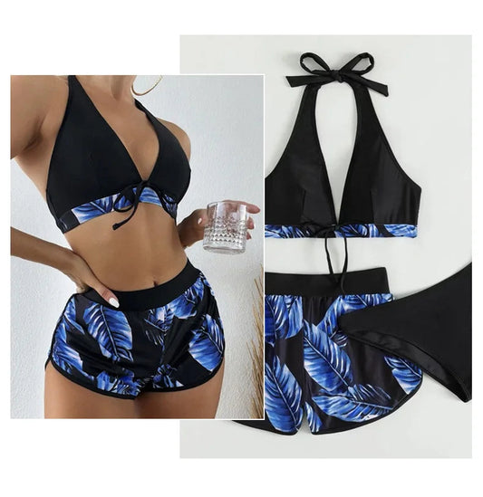 Women 2024 New Bikinis 6 Colors Sexy Halter Bikini 3 Piece Set Leafs Print High Waisted Swimsuit Beach Bathing Suit Size S-XXL SS69