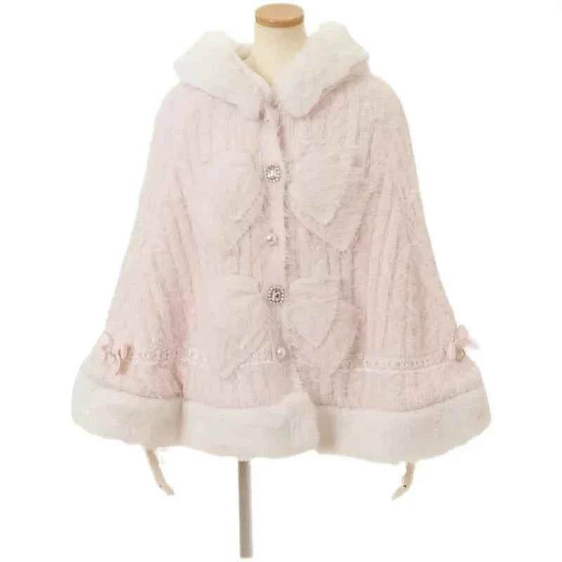 Fall Winter New Sweater Cardigan Women Japanese Mine Sweet Soft Waxy Thick Sweet Pearl Button Hooded Knitted Sweater Cape Jacket