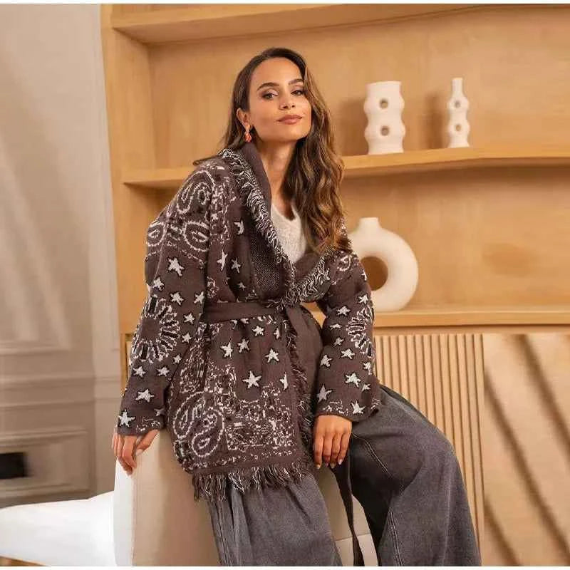 Warm Printed High Collar Knit Cardigans Women Contrast Jacquard Zipper Full Sleeve Pocket Sweater 2026 Spring Lady Chic Knitwear