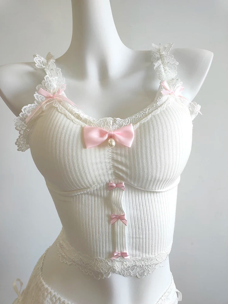 Sweet Crop Top Women Lace Trim Cotton Cropped Bows Bead Decoration Pink White Cute Camis Sweet Girls Lolita Style Kawaii Clothes SS69