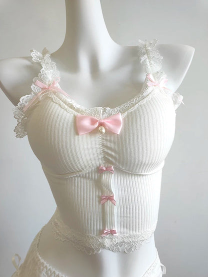 Sweet Crop Top Women Lace Trim Cotton Cropped Bows Bead Decoration Pink White Cute Camis Sweet Girls Lolita Style Kawaii Clothes SS69