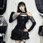 Goth Dark Fishnet Patchwork Off Shoulder Halter Top
