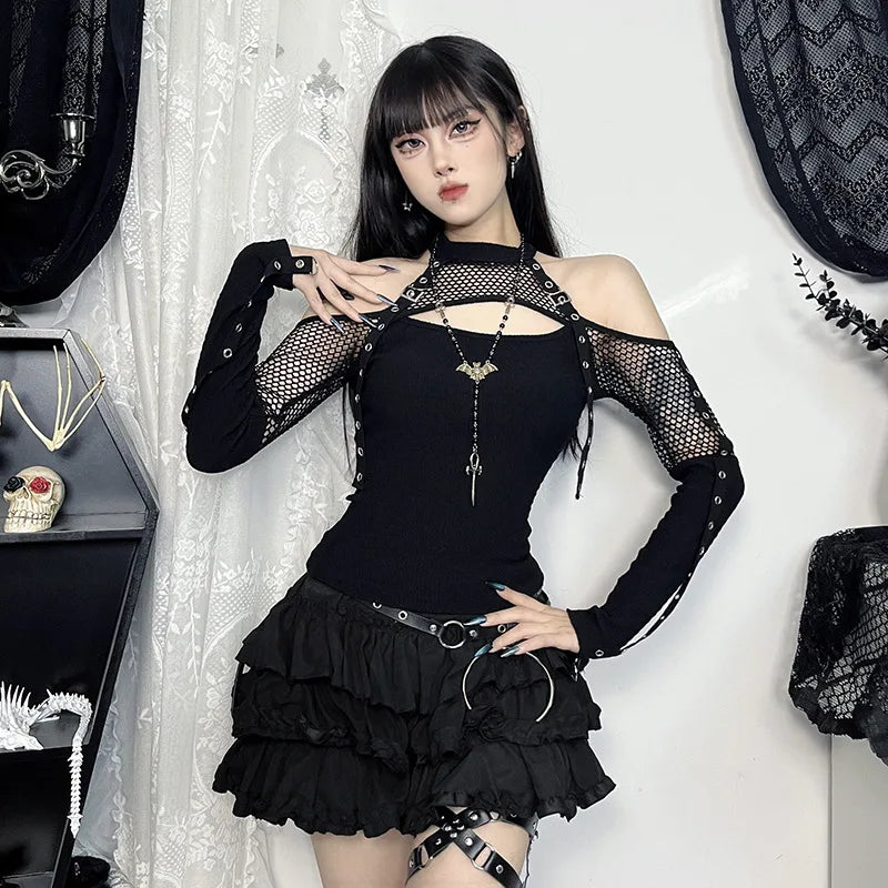 Goth Dark Fishnet Patchwork Off Shoulder Halter Top
