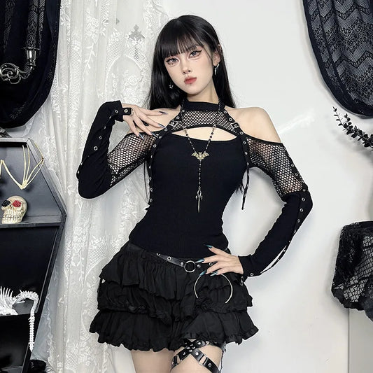 Goth Dark Punk Grunge Fishnet Patchwork Off Shoulder T-shirts Trim Corn Strap Halter Tops Autumn Mall Gothic Streetwear T-shirt
