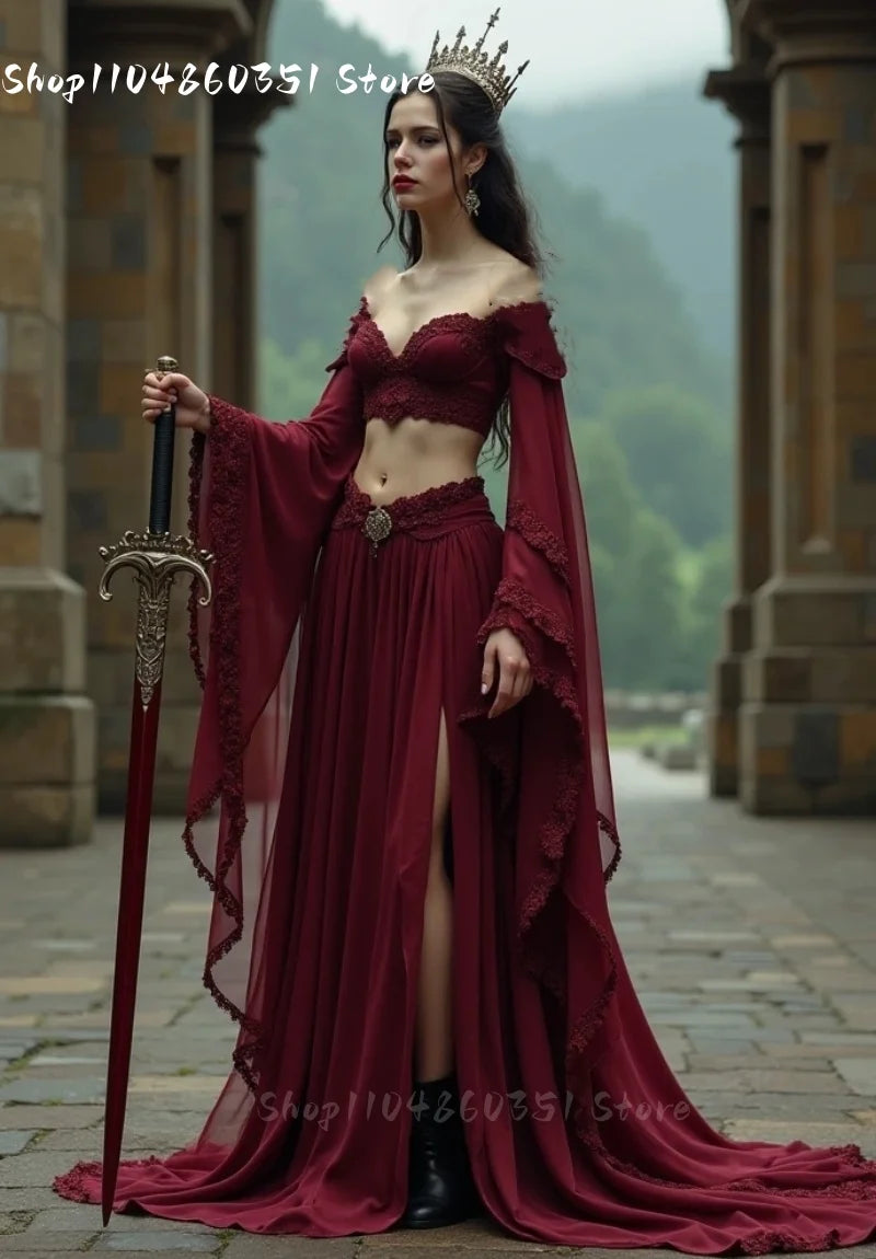 Vampire Burgundy Prom Dress Two Piece Vintage Gothic Special Occasion Gown Flare Sleeves Side Slit Evening Wear Customized
