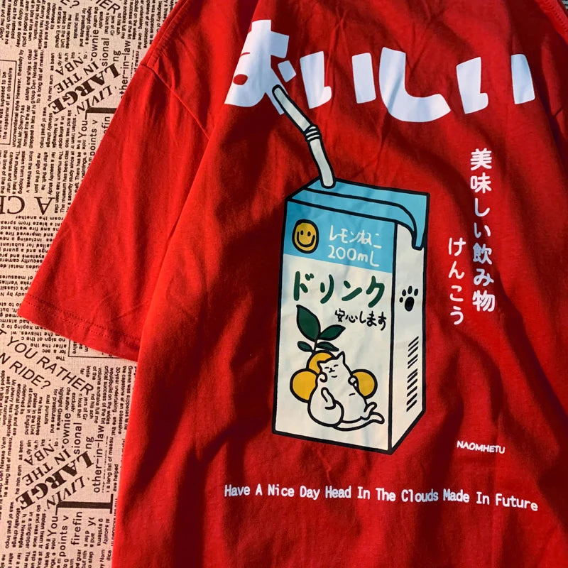 Cute Japanese Cat Print Oversized T-shirt Women Men Short Sleeve Loose Casual Tee Shirt Streetwear Tops Cotton Harajuku Clothing SS69