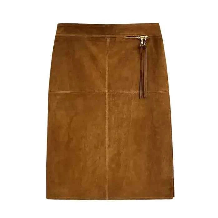 Retro Brown Genuine Kid Suede Real Leather Pencil Skirt Side Slit Soft Lambskin Midi Skirt with Knee Length Women