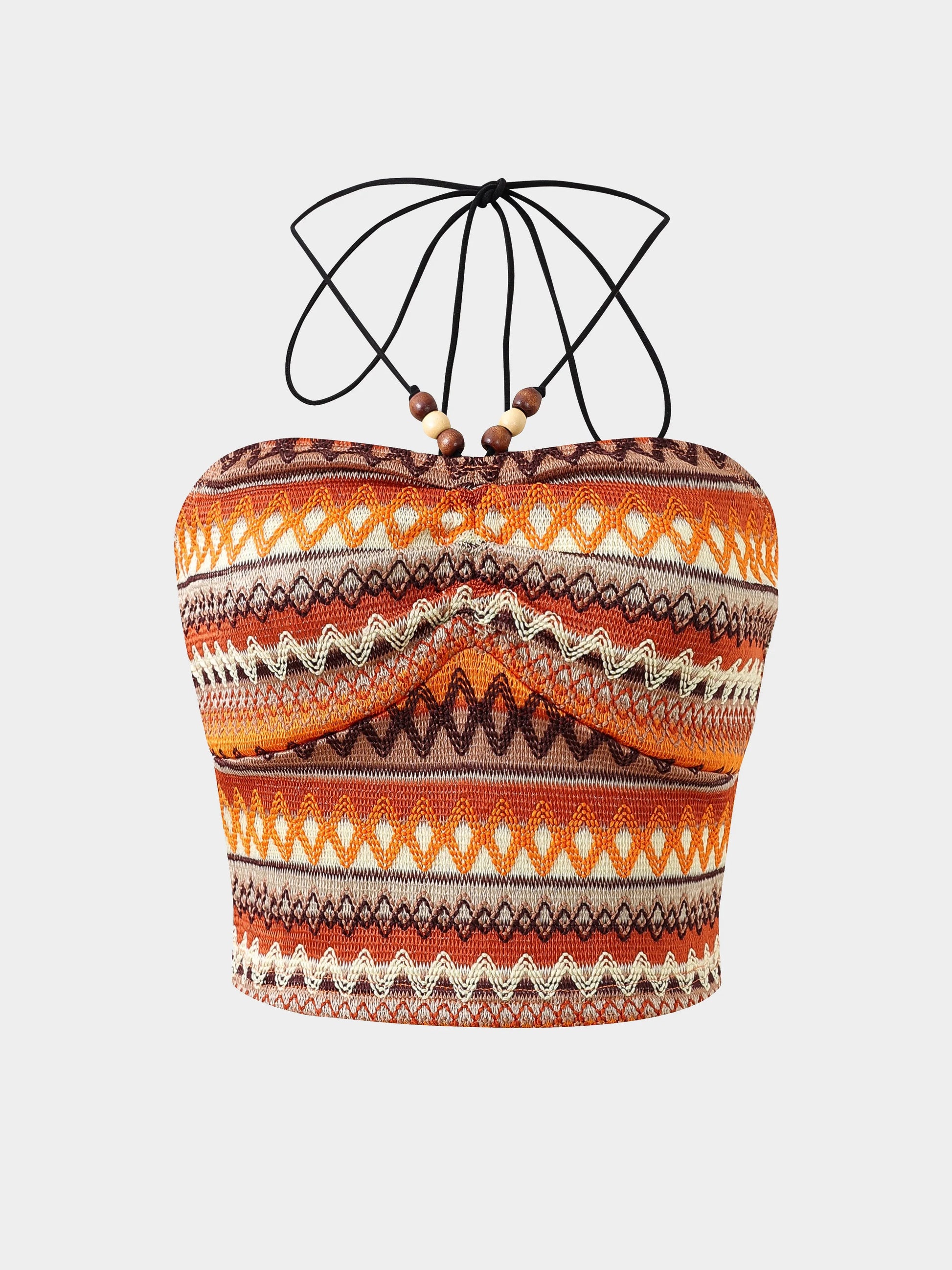 Geo Pattern Beaded Halter Crop Top, Vacation Style Backless Crop Top For Summer, Women's Clothing SS69 14.69 668036 1 / S