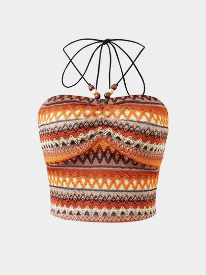 Geo Pattern Beaded Halter Crop Top, Vacation Style Backless Crop Top For Summer, Women's Clothing SS69 14.69 668036 1 / S