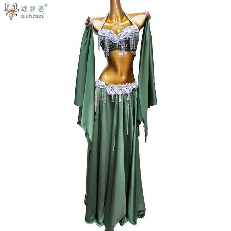 Belly Dance Outfit Suit Women's Customized Senior AB Stones Bra+sexy Split Long Skirt 2pcs Oriental Dance Performance Costumes
