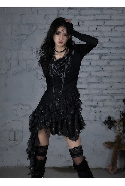 NO ROMANCE Fairy Sexy Punk Printing Half Transparent Lace Patch Knitted Long Sleeve Hooded Dresses Rock Gothic Design Vestidos SS69