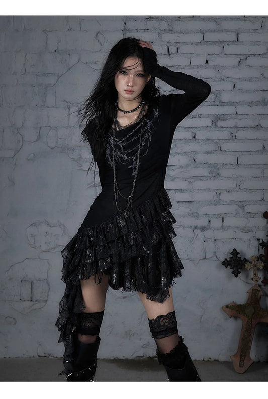 NO ROMANCE Fairy Sexy Punk Printing Half Transparent Lace Patch Knitted Long Sleeve Hooded Dresses Rock Gothic Design Vestidos SS69