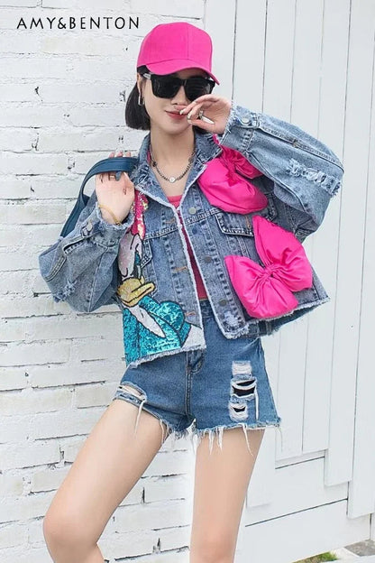 Fashion Brand Jeans Coat Women's Spring Autumn New Heavy Industry Cartoon Sequins Chaqueta High Street Loose-Fitting Denim Coats SS69