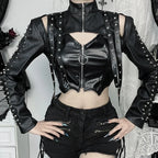Punk Faux Leather Cropped Jacket with Rivets - Women's Streetwear