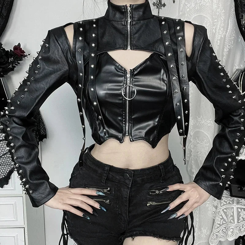 Punk Faux Leather Cropped Jacket with Rivets - Women's Streetwear