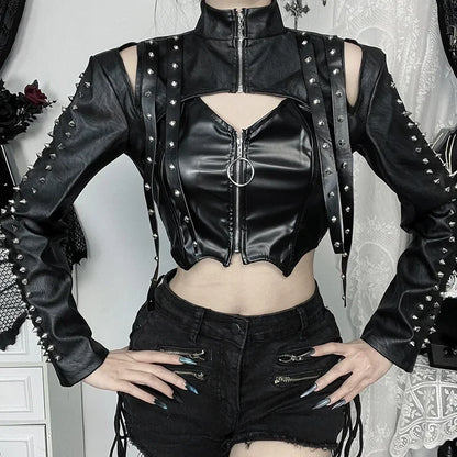 Punk Faux Leather Cropped Jacket Women Spring 2024 Streetwear Sexy Slim Fit Rivet PU Blouse Top