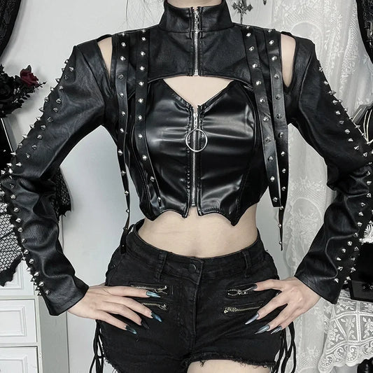 Punk Faux Leather Cropped Jacket Women Spring 2024 Streetwear Sexy Slim Fit Rivet PU Blouse Top