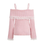 Pretty Cute Outfits Harajuku Cosplay Sweater Kawaii Lace Trim Off Shoulder Pullovers Y2K Aesthetic Vintage Long Sleeve Jumpers SS69