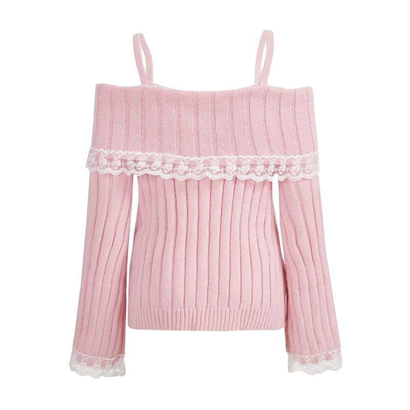 Pretty Cute Outfits Harajuku Cosplay Sweater Kawaii Lace Trim Off Shoulder Pullovers Y2K Aesthetic Vintage Long Sleeve Jumpers SS69