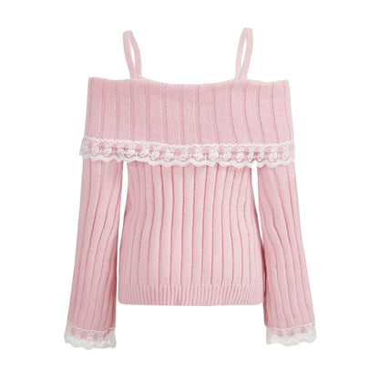 Pretty Cute Outfits Harajuku Cosplay Sweater Kawaii Lace Trim Off Shoulder Pullovers Y2K Aesthetic Vintage Long Sleeve Jumpers SS69