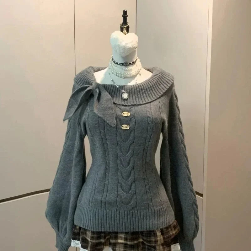 Winter Sweet Kawaii Patchwork Sweater Women Japanese Fashion Vintage Hot Girl Knitted Tops Y2k Elegant Cute Bow Pullover New
