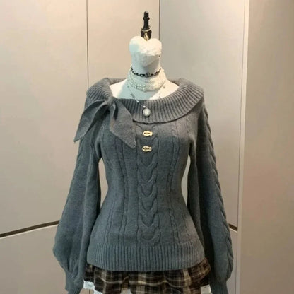 Winter Sweet Kawaii Patchwork Sweater Women Japanese Fashion Vintage Hot Girl Knitted Tops Y2k Elegant Cute Bow Pullover New
